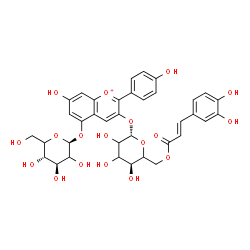 ChemSpider 2D Image | 5-(beta-D-threo-Hexopyranosyloxy)-7-hydroxy-2-(4-hydroxyphenyl)-3-chromeniumyl 6-O-[(2E)-3-(3,4-dihydroxyphenyl)-2-propenoyl]-beta-D-glycero-hexopyranoside | C36H37O18