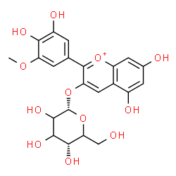 ChemSpider 2D Image | 2-(3,4-Dihydroxy-5-methoxyphenyl)-5,7-dihydroxy-3-chromeniumyl alpha-L-glycero-hexopyranoside | C22H23O12