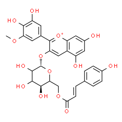 ChemSpider 2D Image | 2-(3,4-Dihydroxy-5-methoxyphenyl)-5,7-dihydroxy-3-chromeniumyl 6-O-[(2E)-3-(4-hydroxyphenyl)-2-propenoyl]-beta-D-glycero-hexopyranoside | C31H29O14