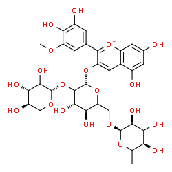 ChemSpider 2D Image | 2-(3,4-Dihydroxy-5-methoxyphenyl)-5,7-dihydroxy-3-chromeniumyl 6-deoxy-alpha-L-erythro-hexopyranosyl-(1->6)-[(2xi)-beta-D-threo-pentopyranosyl-(1->2)]-beta-D-threo-hexopyranoside | C33H41O20