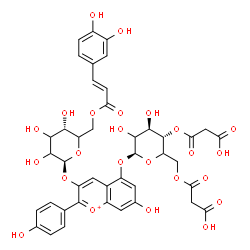 ChemSpider 2D Image | 5-{[4,6-Bis-O-(carboxyacetyl)-beta-D-threo-hexopyranosyl]oxy}-7-hydroxy-2-(4-hydroxyphenyl)-3-chromeniumyl 6-O-[(2E)-3-(3,4-dihydroxyphenyl)-2-propenoyl]-beta-D-glycero-hexopyranoside | C42H41O24