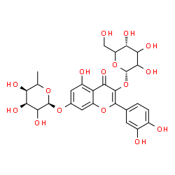 ChemSpider 2D Image | 2-(3,4-Dihydroxyphenyl)-3-(alpha-L-glycero-hexopyranosyloxy)-5-hydroxy-4-oxo-4H-chromen-7-yl 6-deoxy-alpha-L-erythro-hexopyranoside | C27H30O16