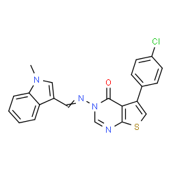 ChemSpider 2D Image | 5-(4-Chlorophenyl)-3-{[(1-methyl-1H-indol-3-yl)methylene]amino}thieno[2,3-d]pyrimidin-4(3H)-one | C22H15ClN4OS