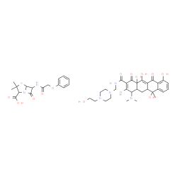 ChemSpider 2D Image | 3,3-Dimethyl-7-oxo-6-[(phenoxyacetyl)amino]-4-thia-1-azabicyclo[3.2.0]heptane-2-carboxylic acid - 4-(dimethylamino)-3,6,10,12,12a-pentahydroxy-N-{[4-(2-hydroxyethyl)-1-piperazinyl]methyl}-6-methyl-1,1
1-dioxo-1,4,4a,5,5a,6,11,12a-octahydro-2-tetracenecarboxamide (1:1) | C45H56N6O14S