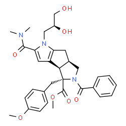 ChemSpider 2D Image | Methyl (3bR,4R,6aR)-5-benzoyl-1-[(2S)-2,3-dihydroxypropyl]-2-(dimethylcarbamoyl)-4-(4-methoxybenzyl)-3b,4,5,6,6a,7-hexahydro-1H-pyrrolo[3',4':3,4]cyclopenta[1,2-b]pyrrole-4-carboxylate | C32H37N3O7