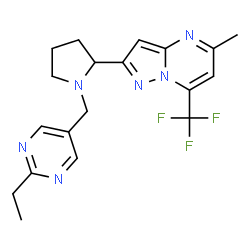 ChemSpider 2D Image | 2-{1-[(2-Ethyl-5-pyrimidinyl)methyl]-2-pyrrolidinyl}-5-methyl-7-(trifluoromethyl)pyrazolo[1,5-a]pyrimidine | C19H21F3N6