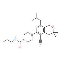 ChemSpider 2D Image | 4-(5-Cyano-8-isobutyl-3,3-dimethyl-3,4-dihydro-1H-pyrano[3,4-c]pyridin-6-yl)-N-propyl-1-piperazinecarboxamide | C23H35N5O2