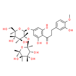ChemSpider 2D Image | 1-(4-{[(2R,3R,4S,5S,6R)-4,5-Dihydroxy-6-(hydroxymethyl)-3,4,5,6-tetramethyl-3-{[(2S,3R,4S,5R)-3,4,5-trihydroxy-2,4,5,6,6-pentamethyltetrahydro-2H-pyran-2-yl]oxy}tetrahydro-2H-pyran-2-yl]oxy}-2,6-dihyd
roxyphenyl)-3-(3-hydroxy-4-methoxyphenyl)-1-propanone | C36H52O15