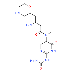 ChemSpider 2D Image | 3-Amino-N-[2-(carbamoylamino)-4-oxo-1,4,5,6-tetrahydro-5-pyrimidinyl]-N-methyl-4-(2-morpholinyl)butanamide | C14H25N7O4
