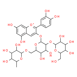 ChemSpider 2D Image | 2-(3,4-Dihydroxyphenyl)-5,7-dihydroxy-3-chromeniumyl 6-deoxyhexopyranosyl-(1->6)-[hexopyranosyl-(1->2)]hexopyranoside | C33H41O20