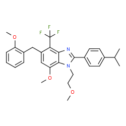 ChemSpider 2D Image | 2-(4-Isopropylphenyl)-7-methoxy-5-(2-methoxybenzyl)-1-(2-methoxyethyl)-4-(trifluoromethyl)-1H-benzimidazole | C29H31F3N2O3