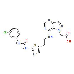 ChemSpider 2D Image | (7-{[2-(2-{[(3-Chlorophenyl)carbamoyl]amino}-1,3-thiazol-5-yl)ethyl]amino}-1H-pyrazolo[4,3-d]pyrimidin-1-yl)acetic acid | C19H17ClN8O3S