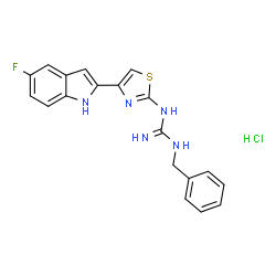 ChemSpider 2D Image | 1-Benzyl-3-[4-(5-fluoro-1H-indol-2-yl)-1,3-thiazol-2-yl]guanidine hydrochloride (1:1) | C19H17ClFN5S