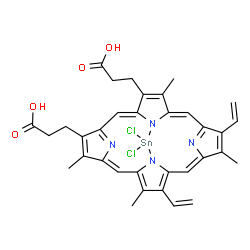 ChemSpider 2D Image | 3,3'-[(1Z,6Z,12Z,17Z)-22,22-Dichloro-5,9,14,19-tetramethyl-10,15-divinyl-21,23,24,25-tetraaza-22-stannahexacyclo[9.9.3.1~3,6~.1~13,16~.0~8,23~.0~18,21~]pentacosa-1,3(25),4,6,8,10,12,14,16(24),17,19-un
decaene-4,20-diyl]dipropanoic acid | C34H32Cl2N4O4Sn