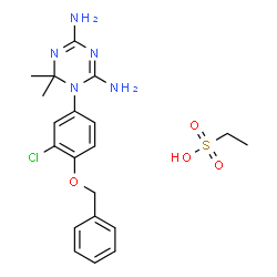 ChemSpider 2D Image | Ethanesulfonic acid - 1-[4-(benzyloxy)-3-chlorophenyl]-6,6-dimethyl-1,6-dihydro-1,3,5-triazine-2,4-diamine (1:1) | C20H26ClN5O4S