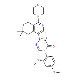 ChemSpider 2D Image | 9-(2,4-Dimethoxyphenyl)-2,2-dimethyl-5-(4-morpholinyl)-1,4-dihydro-2H-pyrano[4'',3'':4',5']pyrido[3',2':4,5]thieno[3,2-d]pyrimidin-8(9H)-one | C26H28N4O5S