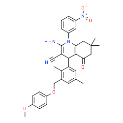 ChemSpider 2D Image | 2-Amino-4-{3-[(4-methoxyphenoxy)methyl]-2,5-dimethylphenyl}-7,7-dimethyl-1-(3-nitrophenyl)-5-oxo-1,4,5,6,7,8-hexahydro-3-quinolinecarbonitrile | C34H34N4O5