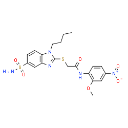 ChemSpider 2D Image | 2-[(1-Butyl-5-sulfamoyl-1H-benzimidazol-2-yl)sulfanyl]-N-(2-methoxy-4-nitrophenyl)acetamide | C20H23N5O6S2
