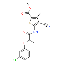 ChemSpider 2D Image | Methyl 5-{[2-(3-chlorophenoxy)propanoyl]amino}-4-cyano-3-methyl-2-thiophenecarboxylate | C17H15ClN2O4S