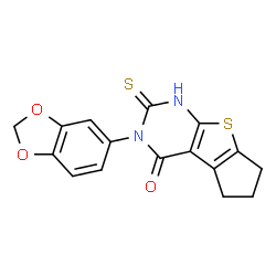 ChemSpider 2D Image | 3-(1,3-Benzodioxol-5-yl)-1,2,3,5,6,7-hexahydro-2-thioxo-4H-cyclopenta[4,5]thieno[2,3-d]pyrimidin-4-one | C16H12N2O3S2