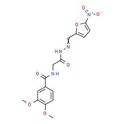 ChemSpider 2D Image | 3,4-Dimethoxy-N-(2-{2-[(5-nitro-2-furyl)methylene]hydrazino}-2-oxoethyl)benzamide | C16H16N4O7