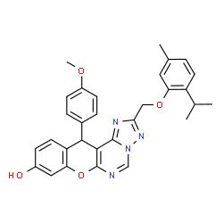 ChemSpider 2D Image | 2-[(2-Isopropyl-5-methylphenoxy)methyl]-12-(4-methoxyphenyl)-12H-chromeno[3,2-e][1,2,4]triazolo[1,5-c]pyrimidin-9-ol | C30H28N4O4