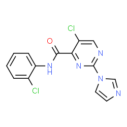 ChemSpider 2D Image | 5-Chloro-N-(2-chlorophenyl)-2-(1H-imidazol-1-yl)-4-pyrimidinecarboxamide | C14H9Cl2N5O