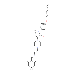 ChemSpider 2D Image | 3-[4-(2-{(E)-[(4,4-Dimethyl-2,6-dioxocyclohexyl)methylene]amino}ethyl)-1-piperazinyl]-1-[4-(hexyloxy)phenyl]-2,5-pyrrolidinedione | C31H44N4O5