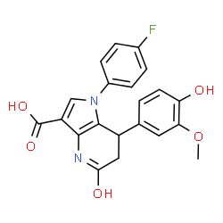 ChemSpider 2D Image | 1-(4-Fluorophenyl)-7-(4-hydroxy-3-methoxyphenyl)-5-oxo-4,5,6,7-tetrahydro-1H-pyrrolo[3,2-b]pyridine-3-carboxylic acid | C21H17FN2O5