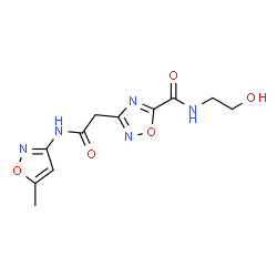 ChemSpider 2D Image | N-(2-Hydroxyethyl)-3-{2-[(5-methyl-1,2-oxazol-3-yl)amino]-2-oxoethyl}-1,2,4-oxadiazole-5-carboxamide | C11H13N5O5