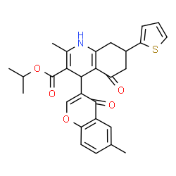 ChemSpider 2D Image | Isopropyl 2-methyl-4-(6-methyl-4-oxo-4H-chromen-3-yl)-5-oxo-7-(2-thienyl)-1,4,5,6,7,8-hexahydro-3-quinolinecarboxylate | C28H27NO5S