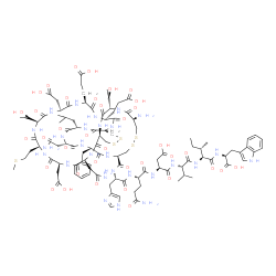 ChemSpider 2D Image | N-({(1R,4S,7S,10S,13S,16S,19S,22S,25R,28S,31R,36R,39S,42S,45S)-31-Amino-22,42-bis(2-amino-2-oxoethyl)-39-benzyl-4,7-bis(2-carboxyethyl)-10,19-bis(carboxymethyl)-28-[(1R)-1-hydroxyethyl]-13-(1-hydroxye
thyl)-45-isobutyl-16-[2-(methylsulfanyl)ethyl]-3,6,9,12,15,18,21,24,27,30,38,41,44,47-tetradecaoxo-33,34,49,50-tetrathia-2,5,8,11,14,17,20,23,26,29,37,40,43,46-tetradecaazabicyclo[23.22.4]henpentacont
-36-yl}carbonyl)-L-histidyl-L-glutaminyl-L-a | C103H147N27O37S5