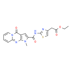 ChemSpider 2D Image | Ethyl (2-{[(1-methyl-4-oxo-1,4-dihydropyrido[1,2-a]pyrrolo[2,3-d]pyrimidin-2-yl)carbonyl]amino}-1,3-thiazol-4-yl)acetate | C19H17N5O4S