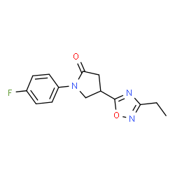 ChemSpider 2D Image | 4-(3-Ethyl-1,2,4-oxadiazol-5-yl)-1-(4-fluorophenyl)-2-pyrrolidinone | C14H14FN3O2