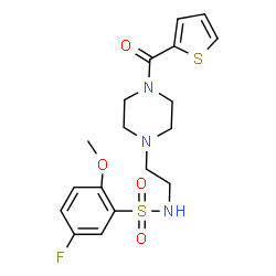 ChemSpider 2D Image | 5-Fluoro-2-methoxy-N-{2-[4-(2-thienylcarbonyl)-1-piperazinyl]ethyl}benzenesulfonamide | C18H22FN3O4S2