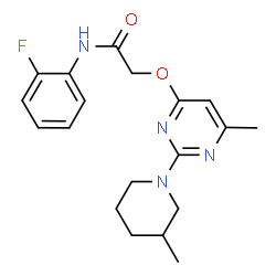 ChemSpider 2D Image | N-(2-Fluorophenyl)-2-{[6-methyl-2-(3-methyl-1-piperidinyl)-4-pyrimidinyl]oxy}acetamide | C19H23FN4O2