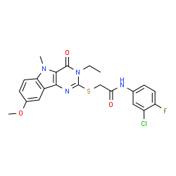 ChemSpider 2D Image | N-(3-Chloro-4-fluorophenyl)-2-[(3-ethyl-8-methoxy-5-methyl-4-oxo-4,5-dihydro-3H-pyrimido[5,4-b]indol-2-yl)sulfanyl]acetamide | C22H20ClFN4O3S