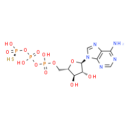 ChemSpider 2D Image | 9-[5-O-(Hydroxy{[hydroxy(thiophosphonooxy)phosphoryl]oxy}phosphoryl)-alpha-L-arabinofuranosyl]-9H-purin-6-amine | C10H16N5O12P3S