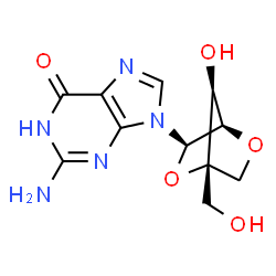 ChemSpider 2D Image | 2-Amino-9-[2,5-anhydro-4-(hydroxymethyl)-alpha-L-lyxofuranosyl]-1,9-dihydro-6H-purin-6-one | C11H13N5O5