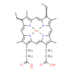 ChemSpider 2D Image | [3,3'-(7,12-Diethylidene-3,8,13,17-tetramethyl-7,12,22,24-tetrahydroporphyrin-2,18-diyl-kappa~4~N~21~,N~22~,N~23~,N~24~)dipropanoato(4-)]iron | C34H34FeN4O4