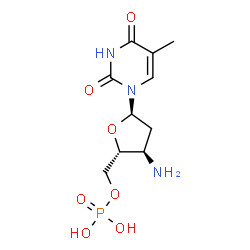 ChemSpider 2D Image | 1-(3-Amino-2,3-dideoxy-5-O-phosphono-alpha-L-erythro-pentofuranosyl)-5-methyl-2,4(1H,3H)-pyrimidinedione | C10H16N3O7P