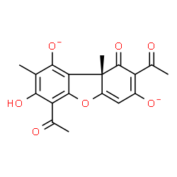 ChemSpider 2D Image | (9aS)-4,8-Diacetyl-3-hydroxy-2,9a-dimethyl-9-oxo-9,9a-dihydrodibenzo[b,d]furan-1,7-diolate | C18H14O7