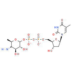 ChemSpider 2D Image | [(3R,4S,5S,6R)-5-azaniumyl-3,4-dihydroxy-6-methyl-tetrahydropyran-2-yl] [[(2R,3S,5R)-3-hydroxy-5-(5-methyl-2,4-dioxo-pyrimidin-1-yl)tetrahydrofuran-2-yl]methoxy-oxido-phosphoryl] phosphate | C16H26N3O14P2