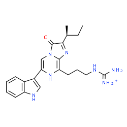 ChemSpider 2D Image | [(3-{2-[(2S)-2-Butanyl]-6-(1H-indol-3-yl)-3-oxo-3,7-dihydroimidazo[1,2-a]pyrazin-8-yl}propyl)amino](imino)methanaminium | C22H28N7O