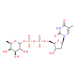 ChemSpider 2D Image | [[(2R,3S,5R)-3-hydroxy-5-(5-methyl-2,4-dioxo-pyrimidin-1-yl)tetrahydrofuran-2-yl]methoxy-oxido-phosphoryl] [(3R,4S,5R,6R)-3,4,5-trihydroxy-6-methyl-tetrahydropyran-2-yl] phosphate | C16H24N2O15P2
