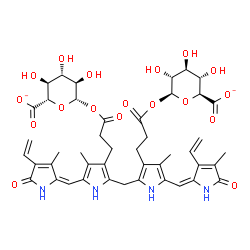 ChemSpider 2D Image | (2S,3S,4S,5R,6S)-6-[3-[2-[[3-[3-[(2S,3R,4S,5S,6S)-6-carboxylato-3,4,5-trihydroxy-tetrahydropyran-2-yl]oxy-3-oxo-propyl]-4-methyl-5-[(E)-(4-methyl-5-oxo-3-vinyl-pyrrol-2-ylidene)methyl]-1H-pyrrol-2-yl]methyl]-4-methyl-5-[(E)-(3-methyl-5-oxo-4-vinyl-pyrrol-2-ylidene)methyl]-1H-pyrrol-3-yl]propanoyloxy]-3,4,5-trihydroxy-tetrahydropyran-2-carboxylate | C45H50N4O18