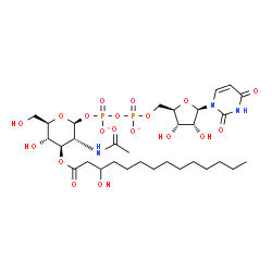 ChemSpider 2D Image | [(2S,3R,4R,5S,6R)-3-acetamido-5-hydroxy-6-(hydroxymethyl)-4-(3-hydroxytetradecanoyloxy)tetrahydropyran-2-yl] [[(2R,3S,4R,5R)-5-(2,4-dioxopyrimidin-1-yl)-3,4-dihydroxy-tetrahydrofuran-2-yl]methoxy-oxido-phosphoryl] phosphate | C31H51N3O19P2