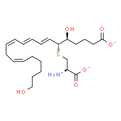 ChemSpider 2D Image | (5S,6R,7E,9E,11Z,14Z)-6-{[(2R)-2-Ammonio-2-carboxylatoethyl]sulfanyl}-5,20-dihydroxy-7,9,11,14-icosatetraenoate | C23H36NO6S