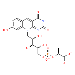 ChemSpider 2D Image | 5-O-{[(1S)-1-Carboxylatoethoxy]phosphinato}-1-deoxy-1-(8-hydroxy-2,4-dioxo-2H-pyrimido[4,5-b]quinolin-3-id-10(4H)-yl)-D-ribitol | C19H19N3O12P