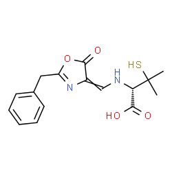 ChemSpider 2D Image | N-[(E)-(2-Benzyl-5-oxo-1,3-oxazol-4(5H)-ylidene)methyl]-3-sulfanyl-D-valine | C16H18N2O4S